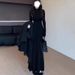 Women's Black Lotus Patterned Fishtail Dress Fur Lined High Neck Slim Fit Bodycon Design for Autumn Winter_ecoleips.com