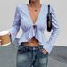 AD840 Autumn New Blouses Blue Striped Women's Tie-Front Bell Sleeve Waist-Cinching Top_ecoleips.com