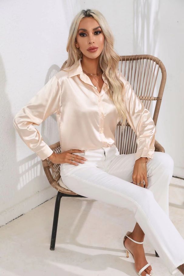 Women's Clothing Shirts High End Simple V Neck Cardigan Shirts Women's Loose Long Sleeved Button Down Tops_ecoleips.com