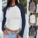 Women's Clothing Tops Sexy Slim Round Neck Contrast Color Long Sleeved T Shirt_ecoleips.com