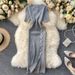 Women's Clothing Simple Solid Color Breasted Slim Fitting Short Sleeved Knitted Slit Hip Wrap Dress_ecoleips.com