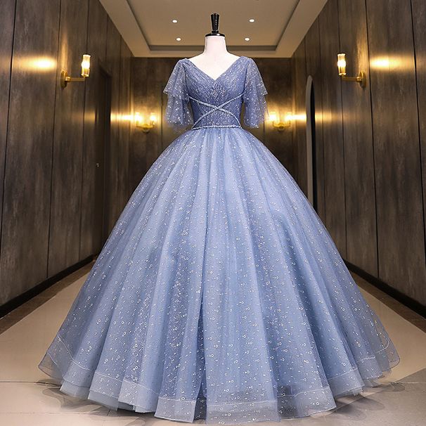 Women's Clothing Stage Performance Ball Gown – Elegant V-Neck A-Line Dress For Vocal Recitals & Hosting (XS-XXXL, Flared Skirt, Slimming Fit)_ecoleips.com