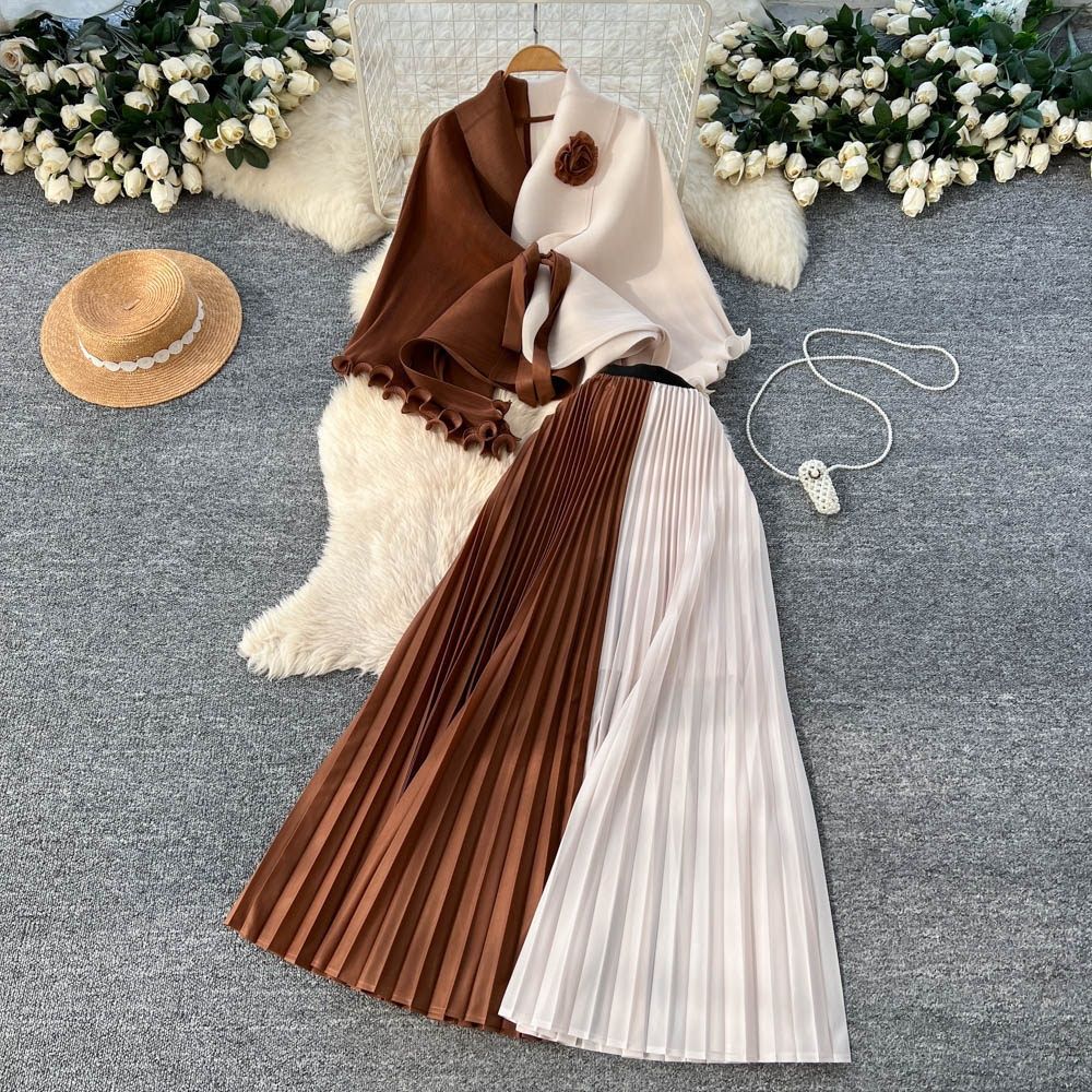 Elegant Sash-Waist Pleated Two-Piece Set – Chic Sleeveless Purple Dress & Skirt Outfit For Fall_ecoleips.com
