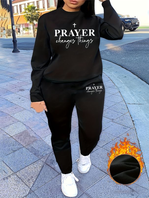 Women's Autumn And Winter Hip-hop Casual Street PRAYER Letter Printed Round Neck Sports Shirt+sports Pants Warm Suit-648_ecoleips.com