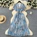 Women's Clothing Summer Slimming Ruffled Floral Dress V Neck Short Flutter Sleeve Lace Up Waist Cinching_ecoleips.com