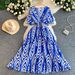 Women's French Style Crossover V Neck Dress Slimming Geometric Print Long Dress With Elastic Waist For Summer_ecoleips.com
