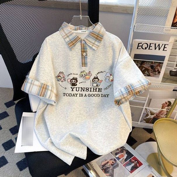 Preppy Cartoon Print & Checkered Patchwork Short-Sleeve Top + Lace Trim Jeans Set – Playful Schoolgirl Aesthetic_ecoleips.com