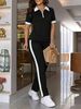Women's Spring/Summer Collared Zipper Color Blocked T-Shirt Set with Elastic Waist Loose Pants Casual Everyday Outfit_ecoleips.com