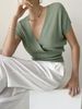 Women Lightweight Breathable Thin Vertical Rib Knit Sweater, Wrap Surplice V Neck Short Sleeve Loose Fit Slim Waist Summer Casual Knitted Top_ecoleips.com