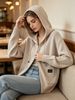 Oat Zip Up Drawstring Hood Pit Rib Knit Cardigan, Loose Lightweight Breathable Soft Skin-touch Long Sleeve Pocket Sweater_ecoleips.com