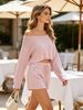 Ladies Off Shoulder Knit Short Set, Loose Fit Ribbed Texture Lightweight Breathable Soft Skin Friendly 2 Piece Knit Outfit_ecoleips.com