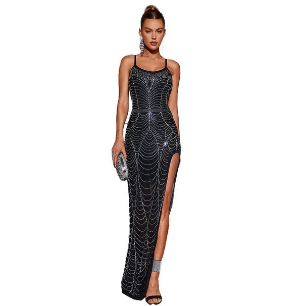 women's clothing sexy black hot diamond sleeveless dress women's nightclub evening dress_ecoleips.com