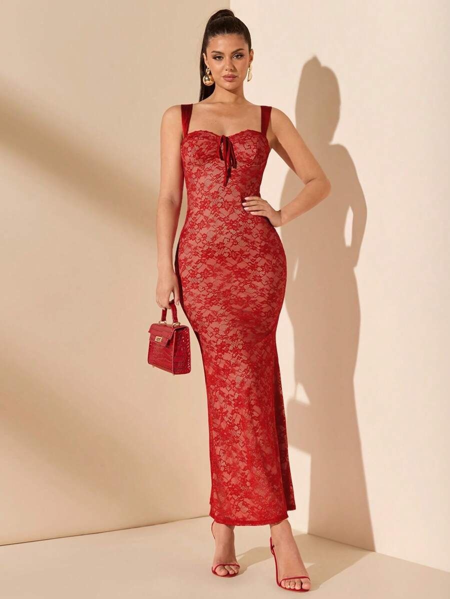 Women's Clothing Sexy Lace Dress Hollow Slim Temperament Elegant Lace Maxi Dress With Sheer Cutouts - Sexy & Sophisticated Summer Dress For Women_ecoleips.com