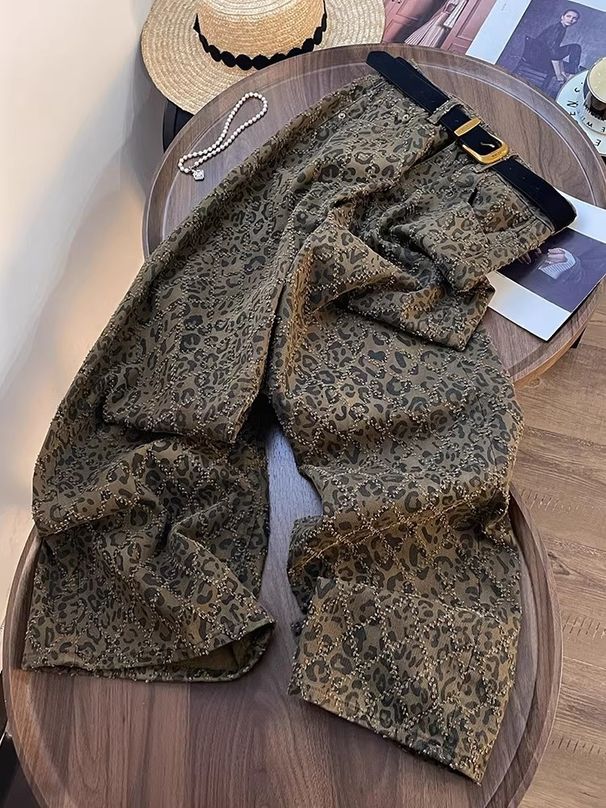American High Street Leopard Print Jeans For Women, 2025 Spring New Design, Sophisticated And Slimming, Floor-length_ecoleips.com