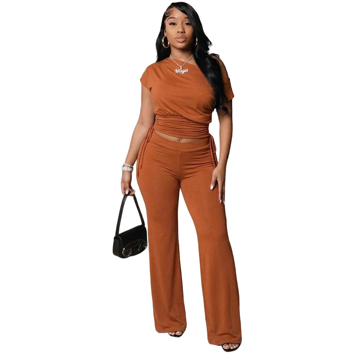 European And American Style Women's Fashion Off-Shoulder Asymmetrical Ruched Wide Leg Pants Two-Piece Set GL6818_ecoleips.com