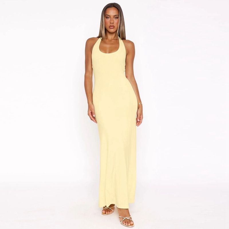 Summer New Style Women's Long Dress European And American Style Solid Color U Neck Sleeveless Halter Neck Backless_ecoleips.com