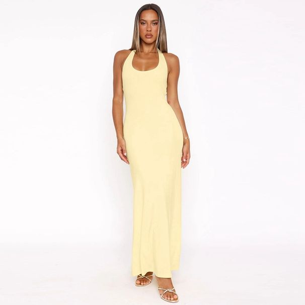 Summer New Style Women's Long Dress European And American Style Solid Color U Neck Sleeveless Halter Neck Backless_ecoleips.com