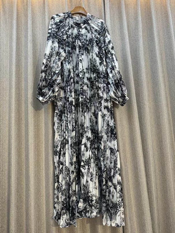 Women's Clothing Women's European American Style Long Shirt Dress Personalized Print Round Neck Full Pleated Lantern Sleeves Elegant Heavy Duty Design_ecoleips.com