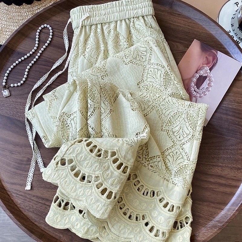 Autumn Fashion Jacquard Females Hollow Out Casual Pant Elastic Waist Straight-Leg Loose Fit Pants Full Length Wide Leg Trousers_ecoleips.com