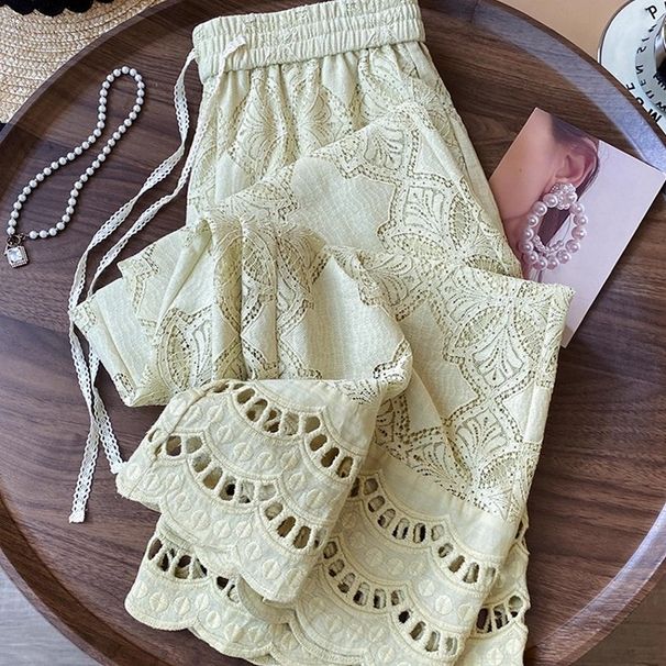 Autumn Fashion Jacquard Females Hollow Out Casual Pant Elastic Waist Straight-Leg Loose Fit Pants Full Length Wide Leg Trousers_ecoleips.com