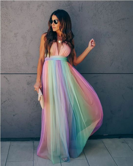 Spring/Summer Sexy Deep V Neck Rainbow Mesh Camisole Dress for Women European American Cross Border Trade New Arrival 2022_ecoleips.com