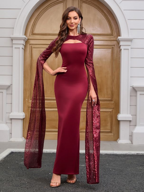 Elegant Burgundy Lace Formal Dress – Long Sleeve Ball Gown With Gold Embellishments & Puff Sleeves (Sizes S-XL, Mid-Length Train, Square Neckline)_ecoleips.com