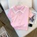 Women's Clothing Women's Ice Silk Knitwear T-Shirt With Peter Pan Collar Summer Autumn Design Short Sleeved Bow T-Shirt_ecoleips.com