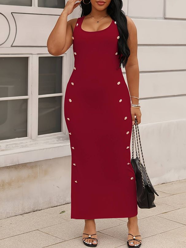 Plus-size Elegant Dress, Solid Color, Slim Fit, Sleeveless, Sexy Low Neckline, Slit, And Button-down Details. Suitable For Everyday Wear, Casual Outings, Dates, And Parties._ecoleips.com
