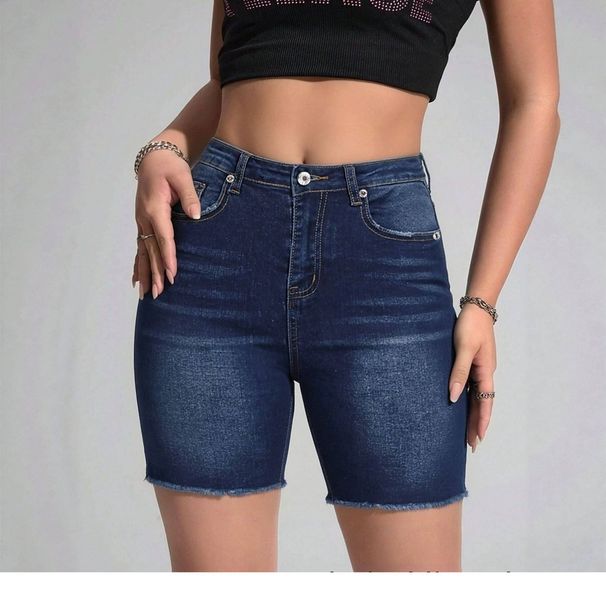 Summer Dark Washed Women's Denim Shorts Mid Rise Slim Fit Frayed Edge Versatile Five Point Style For Women_ecoleips.com