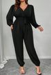 Curvy Women Solid Surplice Neck Jumpsuit, Long Sleeve Elastic Ankle Cuffs Waist Belt Elegant Autumn Casual Romper_ecoleips.com