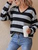 Black Grey Stripe Pit Rib Knit Top, Loose V Neck Lightweight Breathable Soft Skin-touch Long Sleeve Jumper_ecoleips.com