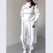 Women's Letter M Embroidered Tracksuit Set, White Striped Half Zip Sweatshirt & Jogger Pants, Casual Soft Loungewear Outfit For Daily Streetwear Sport_ecoleips.com