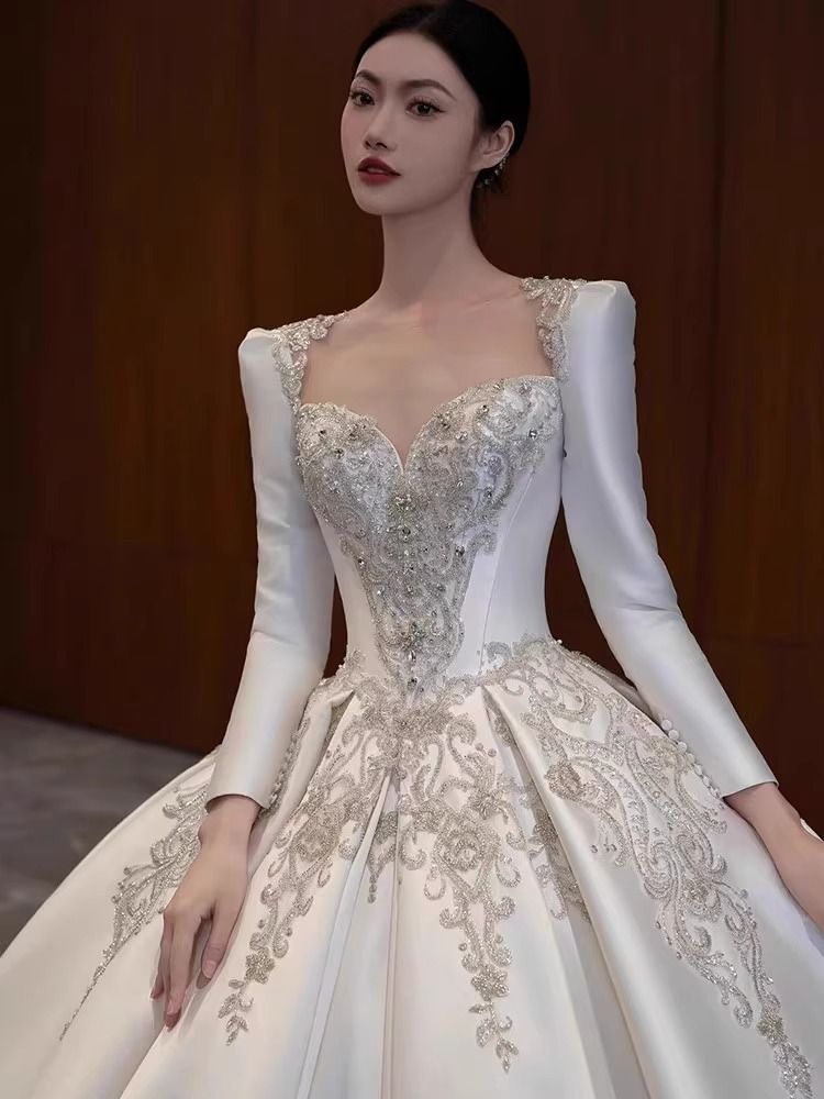 Women's Clothing Satin Wedding Dress Bride Heavy Luxury Retro Long Sleeve High End Main Yarn On The Run Princess Petite_ecoleips.com