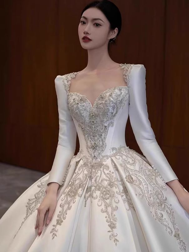 Women's Clothing Satin Wedding Dress Bride Heavy Luxury Retro Long Sleeve High End Main Yarn On The Run Princess Petite_ecoleips.com