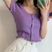 Short Sleeve T-shirts Women Slim Solid Lace O-neck Single Breasted Trendy Chic Sweet Lovely Ulzzang Simple Streetwear Knitted_ecoleips.com