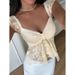 Women's Y2K Semi-Sheer Lace-Shirt/Heart Neckline & Cap Sleeves/Blouse-Compatible Solid Color Stretch Blouse/Suitable_ecoleips.com