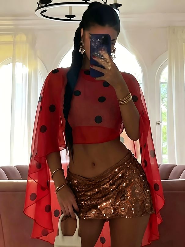 Women's Summer Red Polka Dot Sheer Cape Sleeve Beach Sun Protection Top - Lightweight For Beach Vacation & Poolside,Elegant Retro Cover Up_ecoleips.com