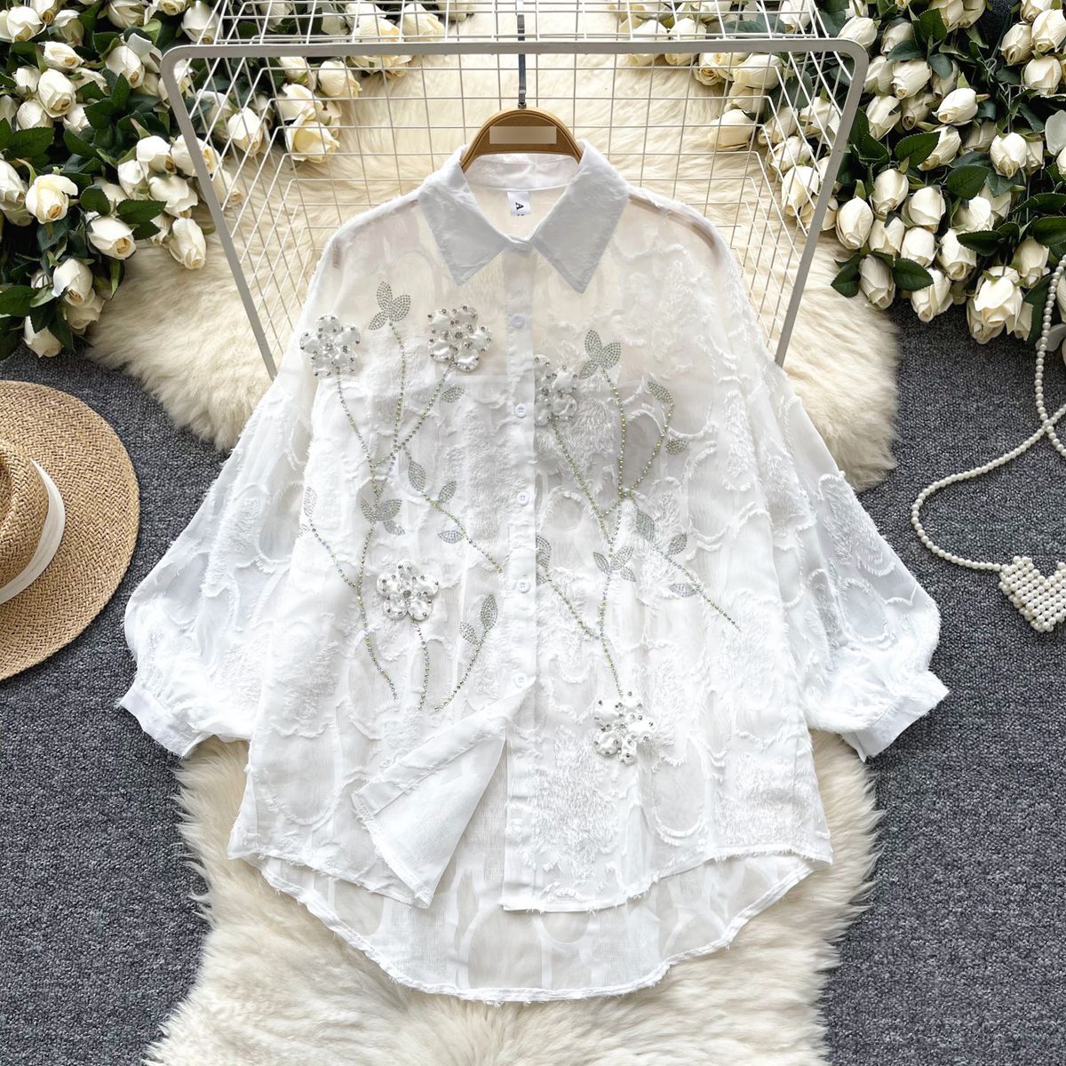 Women's Clothing Early Autumn New Long-sleeved Shirt Heavy Industry Diamond-encrusted Three-dimensional Flower Embroidered All-match Slim Chiffon Sh_ecoleips.com