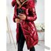 Women's Shiny PU Trench Coat With Faux Fur Hood - Slim Fit Long Winter Jacket, Warm Quilted Outerwear For Cold Weather_ecoleips.com