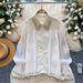 French-Inspired Luxury Blouse – Embellished Lace & Mesh Long Sleeve Top With Notched Collar (Oversized Fit, Beige/White/Black)_ecoleips.com