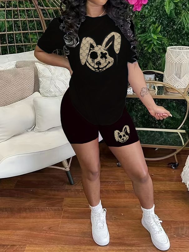 Summer Women's Casual Fashion Cartoon Dark Rabbit Pattern Printed Loose T-shirt Shorts Two-piece Set Set Summer Sportswear Suitable For Daily Wear-181_ecoleips.com