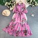 Women's Floral Ruffle Hem Maxi Dress with Puff Sleeves Elegant Romantic Design Flowy Chiffon One Size Fits Most_ecoleips.com