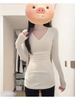 White V-neck Inner With Extended Bottoming Shirt To Cover The Butt, Women's Winter Long-sleeved Tight T-shirt, Slim-fitting Medium And Long Top, Thick_ecoleips.com