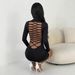 Elegant Women's Backless Bodycon Dress Solid Color Long Sleeved Slim Fit round Neck Unique Design Fashion Sexy Cross Border_ecoleips.com
