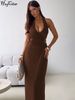 Hugcitar Halter V Neck Backless Ruched Sexy Bodycon Maxi Prom Dress Summer Women Fashion Clothes Evening Party Birthday Vacation_ecoleips.com