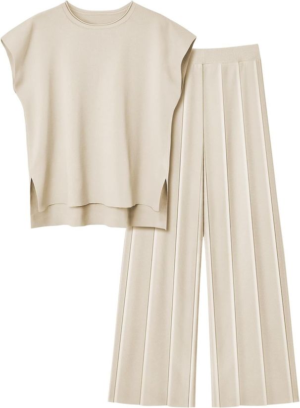 2024 European And American Women's Knitted Casual Sleeveless Vest Knitwear + Wide-Leg Pants Two-Piece Set_ecoleips.com