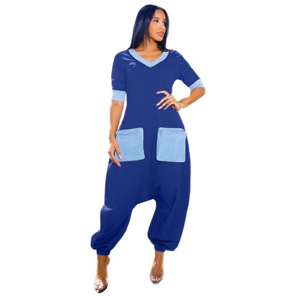 Women's Clothing Casual Commuting V Neck Denim Stitching Contrast Color Loose Elastic Jumpsuit_ecoleips.com