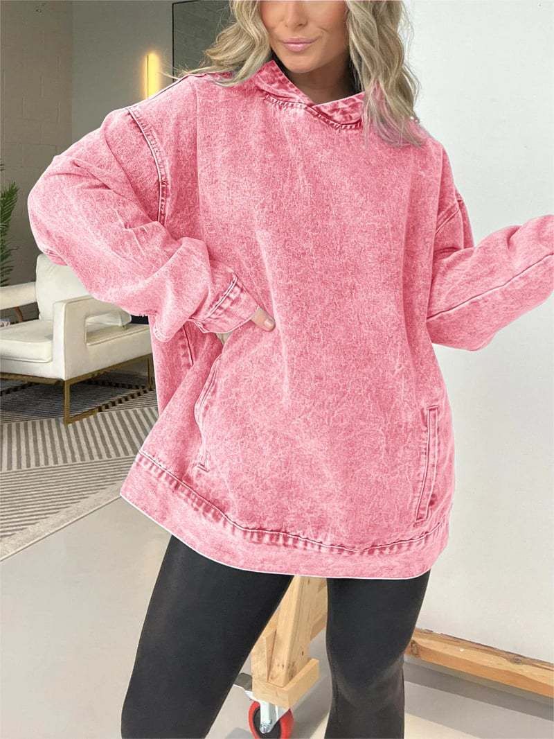 Women's Casual Hooded Denim Sweatshirt - Oversized Pullover Streetwear Top With Kangaroo Pocket (Blue, Pink, Black, Lavender, Coral, Red)_ecoleips.com