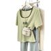 Women's Square Neck Contrast Color Short Sleeve T-Shirt - Slim Fit, Breathable & Fashionable Summer Top_ecoleips.com