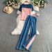 Casual Suit For Women 2025 Summer New Denim Patchwork Hot Diamond T Shirt Top + High Waist Slim Wide Leg Pants Two Piece Suit_ecoleips.com